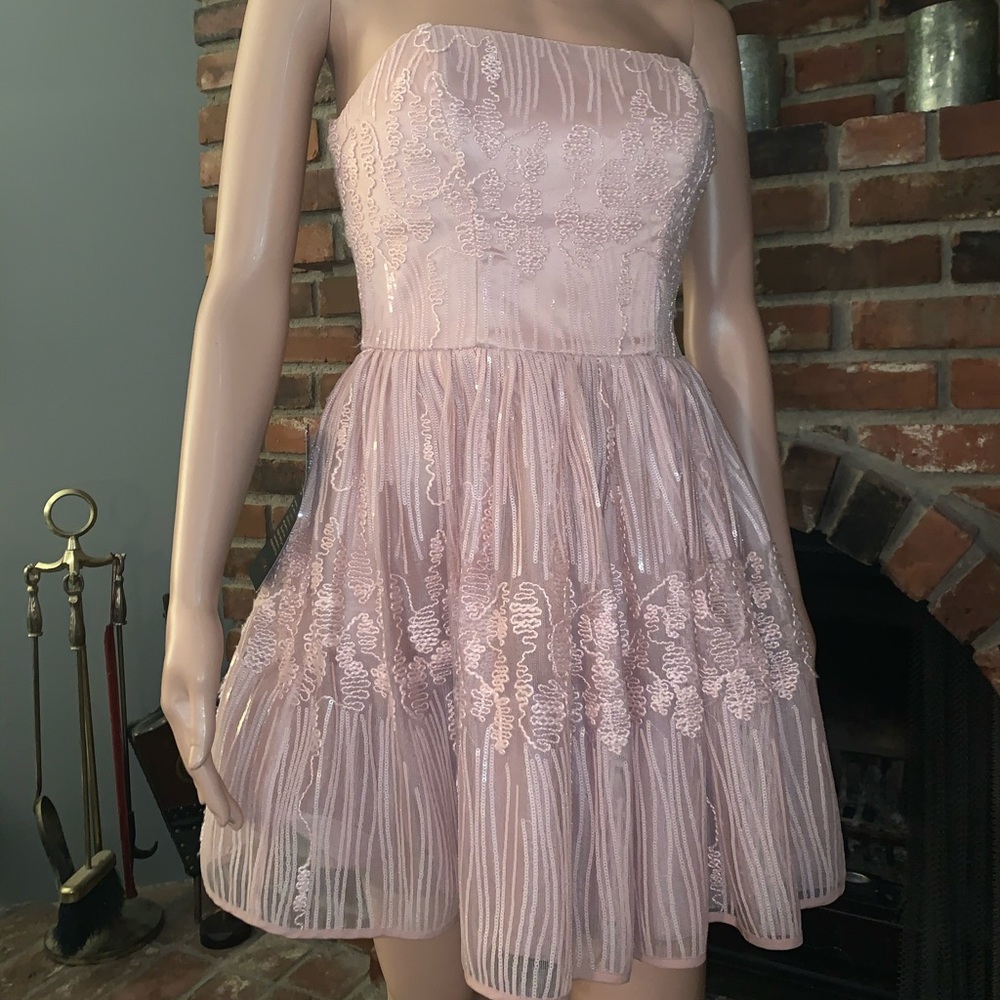 bebe Blush Pink Strapless Midi Dress with Lace Overlay